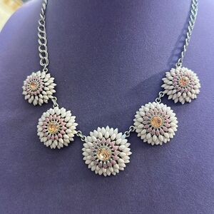 Ann Taylor Factory Pink Enamel & Crystal Flower Necklace Silvertone